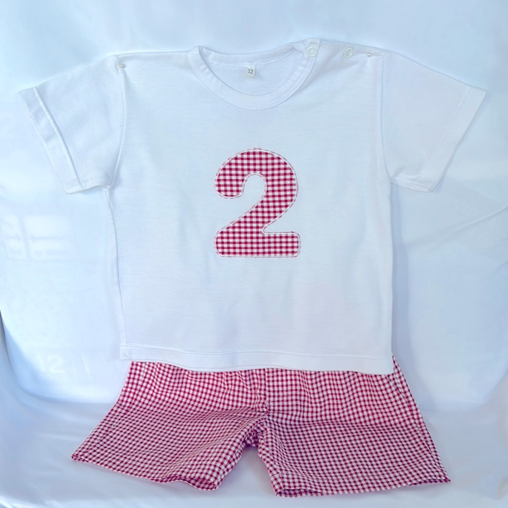 VINTAGE 2002 UNISEX White T-Shirt and Red Checkered Shorts Set- Size 12 MOS